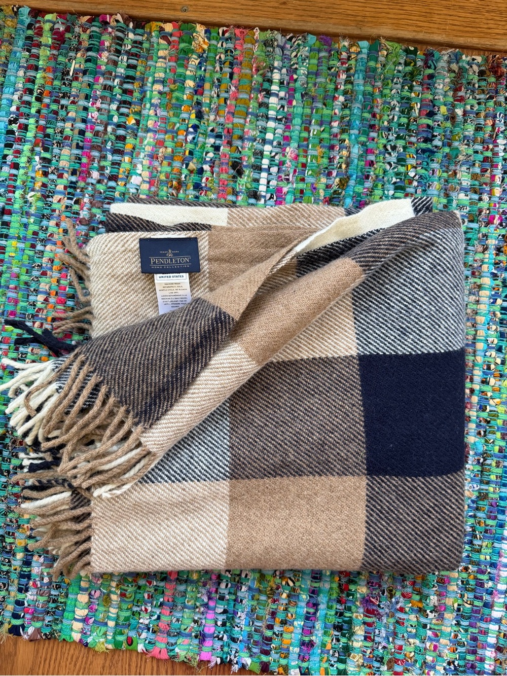 Vintage Pendleton Classic Plaid Wool Throw Blanket - Tan, Cream, Navy